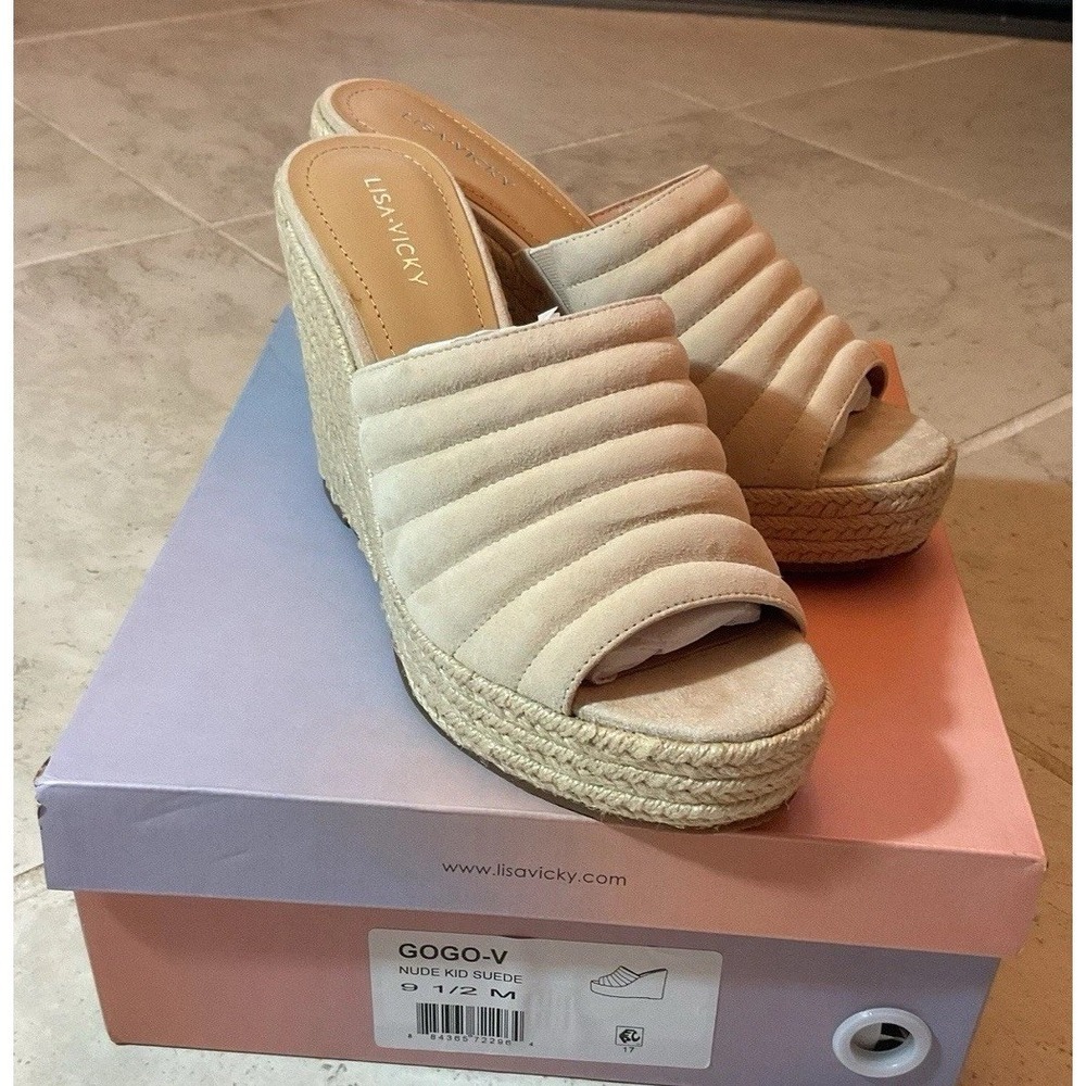 New In Box - Lisa Vicky Gogo-V Nude Kid Suede Wedge Sandals 9.5